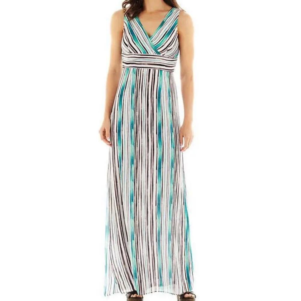 Worthington Sleeveless V-Neck Striped Maxi Dress Size 6